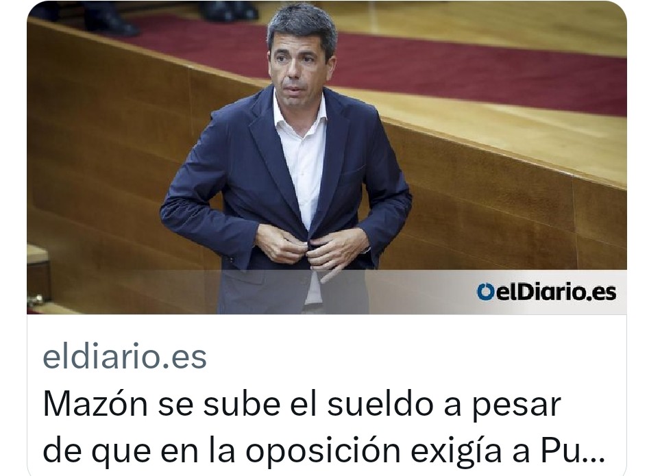 Silvia33domin's tweet photo. Todos atentos al regreso de Puigdemont que al fin y al cabo no deja de ser una perfomance 

Lo importante es lo que hacen los que sí gobiernan como Mazón en la CV 

Por fin después de un año ha tomado una medida
Subirse el sueldo, gana más que el Presidente de España 
91.400€ https://t.co/wMO5Rb5WKv