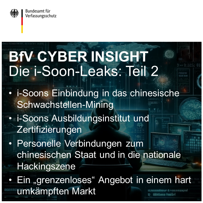 BfV_Bund's tweet photo. Teil 2 unseres #BfV_Bund #CyberInsight geht auf Verbindungen von #iSoon zum chinesischen Sicherheitsapparat ein. Hierfür haben wir über 570 Dateien in chinesischer Sprache aus dem Datenleak ausgewertet.

https://t.co/Oip7it3iFE

#Cyberabwehr https://t.co/jTmLReSMSr