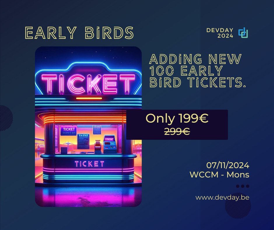 Les tickets super early birds sont épuisés ! 🔥🎉

Arrivé trop tard ? Pas de problème ! 🫶 Il reste 100 tickets au tarif early bird (199€) avant de passer au prix plein (299€).

👉 Réservez vite vos places ici : devday.be/ticket

LET'S GO ! 🚀