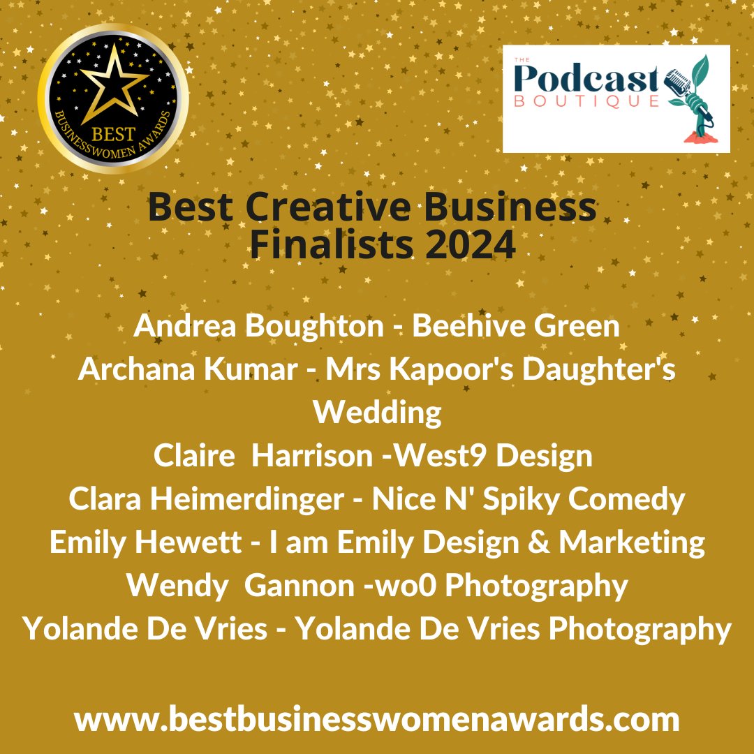 Congratulations to our finalists for Best Creative Business - all great examples of female entrepreneurs.

Well done to you all and we will celebrate with you at the final! 🍾

<a href="/mkdwproductions/">Mrs Kapoor's Daughter's Wedding</a>
@nicenspikycomedy
@iamemilydesign

Sponsor The Podcast Boutique

#BBWA2024