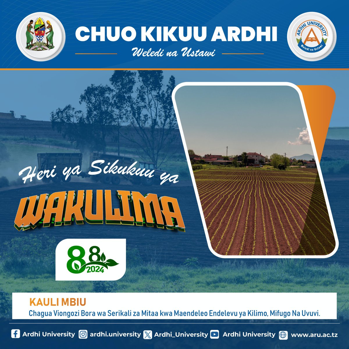 Baraza, Menejimenti na  Watumishi wote wa Chuo Kikuu Ardhi, tunawatakia Watanzania wote heri ya Sikukuu  ya Wakulima, Nane Nane.

#dodoma #ARU #WELEDI #USTAWI #88 

📍Dodoma