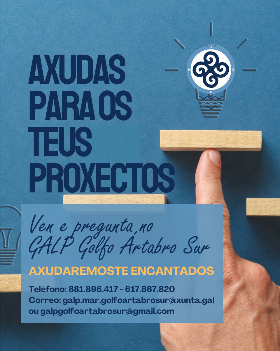 Pensas en emprender? No GALP Golfo Ártabro Sur ofrecemos apoio e axudas para impulsar os teus proxectos e fomentar o desenvolvemento local. Non perdas esta oportunidade! 

Tlf: 881.896.417 - 617.867.820
Correo: galp.mar.golfoartabrosur@xunta.gal ou galpgolfoartabrosur@gmail.com