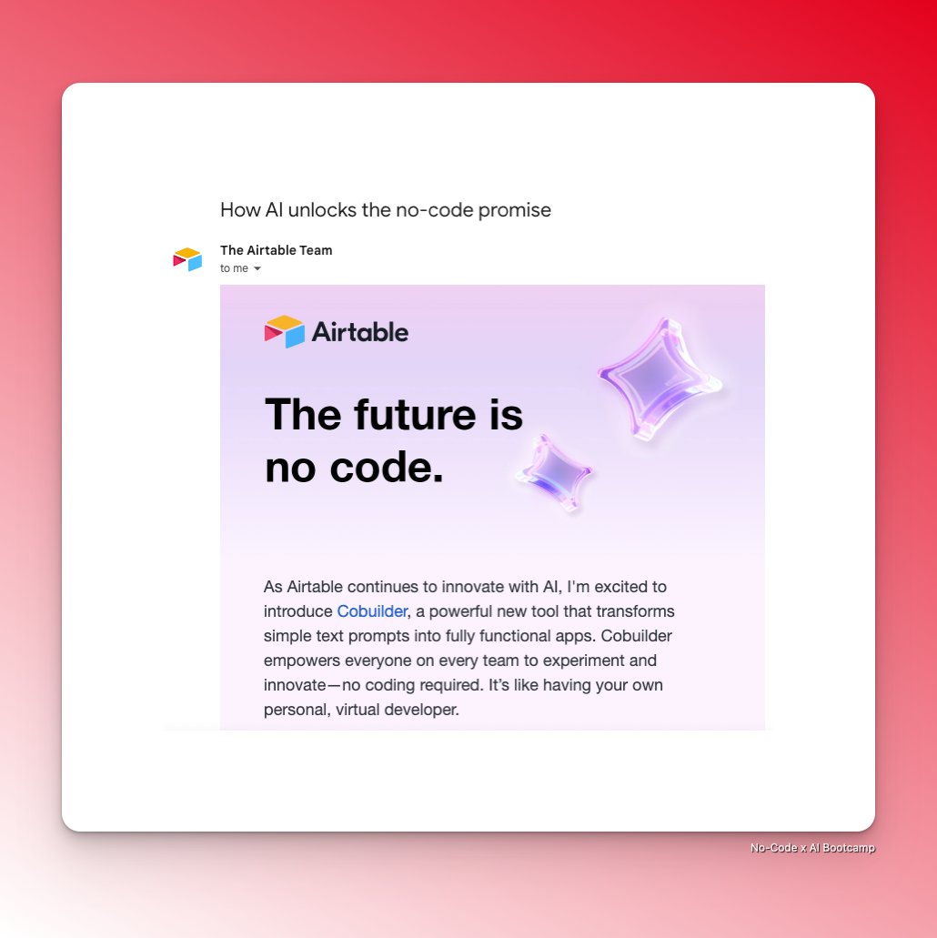 Love this take from <a href="/airtable/">Airtable</a> about how AI unlocks the No-Code promise 💯

Anyone can build what they build with No-Code x AI, without writing any code ⚡️