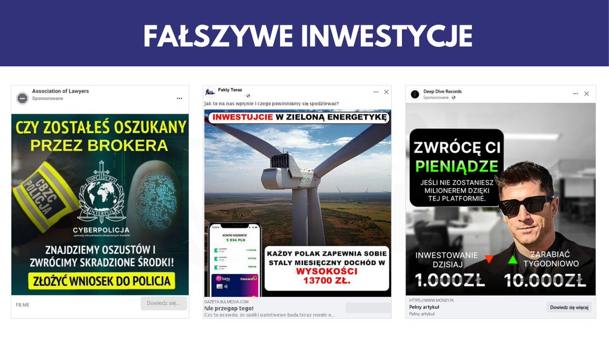 CSIRT_KNF's tweet photo. Cyberprzestępcy nie ustępują w tworzeniu nowych stron phishingowych. 

Tylko w lipcu 2024 nasz zespół zgłosił do zablokowania 4081 niebezpiecznych domen. W poniższym wpisie wskazujemy na najczęściej występujące kategorie domen, które oszuści wykorzystywali w atakach na użytkowników cyberprzestrzeni. 

Poniżej prezentujemy przykłady zidentyfikowanych kampanii:

Fałszywe inwestycje  
Cyberprzestępcy publikowali reklamy fałszywych inwestycji w mediach społecznościowych, w których oferowali możliwość szybkiego wzbogacenia się. Reklamy kierowały do niebezpiecznych stron z formularzem. Pozyskane, w ten sposób dane pozwalały oszustom na nawiązanie kontaktu, w trakcie którego wyłudzane były środki finansowe użytkowników.

Bankowość elektroniczna 
Fałszywe strony, w których cyberprzestępcy podszywali się pod bankowość elektroniczną przypominały te oryginalne. Jeśli ofiara wprowadziła swoje dane logowania na niebezpiecznej stronie – trafiały one bezpośrednio w ręce przestępców.

Usługi kurierskie 
Oszuści przesyłali także do użytkowników fałszywe wiadomości SMS, w których podszywali się pod znane firmy kurierskie. W treści wiadomości zamieszali informację o konieczności zaktualizowania adresu dostawy. Link z wiadomości SMS prowadził na niebezpieczną stronę wyłudzającą dane kart płatniczych użytkowników.