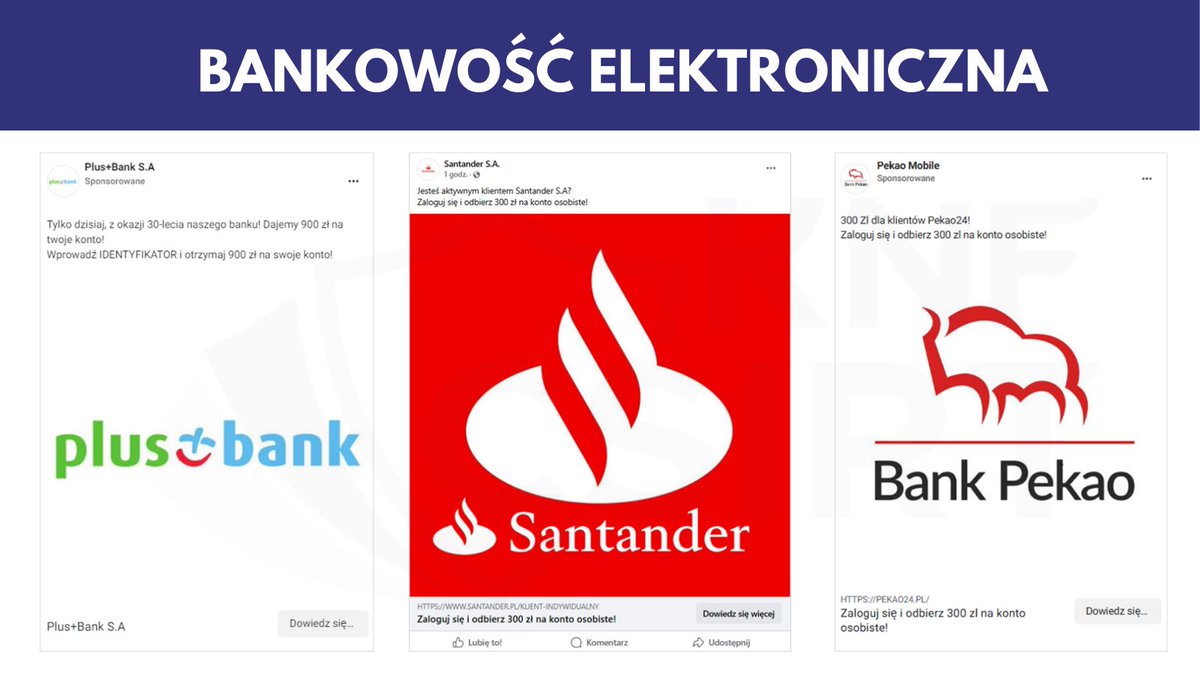 CSIRT_KNF's tweet photo. Cyberprzestępcy nie ustępują w tworzeniu nowych stron phishingowych. 

Tylko w lipcu 2024 nasz zespół zgłosił do zablokowania 4081 niebezpiecznych domen. W poniższym wpisie wskazujemy na najczęściej występujące kategorie domen, które oszuści wykorzystywali w atakach na użytkowników cyberprzestrzeni. 

Poniżej prezentujemy przykłady zidentyfikowanych kampanii:

Fałszywe inwestycje  
Cyberprzestępcy publikowali reklamy fałszywych inwestycji w mediach społecznościowych, w których oferowali możliwość szybkiego wzbogacenia się. Reklamy kierowały do niebezpiecznych stron z formularzem. Pozyskane, w ten sposób dane pozwalały oszustom na nawiązanie kontaktu, w trakcie którego wyłudzane były środki finansowe użytkowników.

Bankowość elektroniczna 
Fałszywe strony, w których cyberprzestępcy podszywali się pod bankowość elektroniczną przypominały te oryginalne. Jeśli ofiara wprowadziła swoje dane logowania na niebezpiecznej stronie – trafiały one bezpośrednio w ręce przestępców.

Usługi kurierskie 
Oszuści przesyłali także do użytkowników fałszywe wiadomości SMS, w których podszywali się pod znane firmy kurierskie. W treści wiadomości zamieszali informację o konieczności zaktualizowania adresu dostawy. Link z wiadomości SMS prowadził na niebezpieczną stronę wyłudzającą dane kart płatniczych użytkowników.