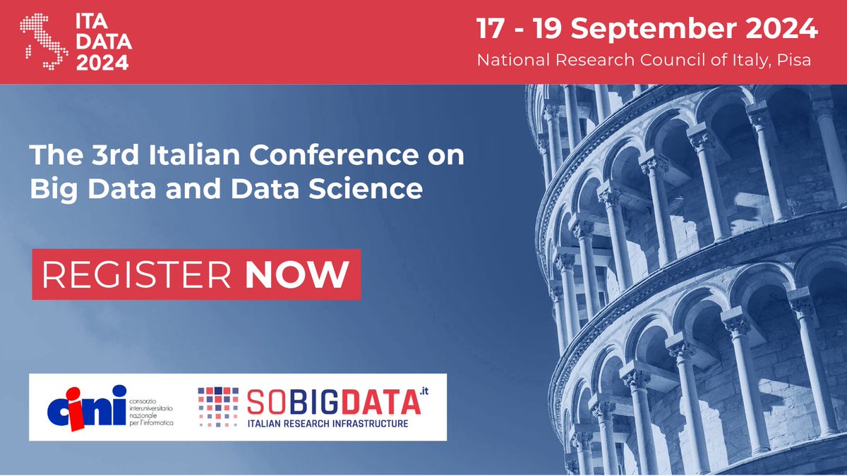 SoBigData's tweet photo. 📢 Register now for ITADATA 2024! 📢

Join us for the 3rd Italian Conference on Big Data and Data Science, September 17-19, 2024, in Pisa, Italy at the CNR.

🗓️ Registration deadline: September 3rd, 2024.

More info and registration: https://t.co/LETl7O9EtI https://t.co/APISS8nxmw