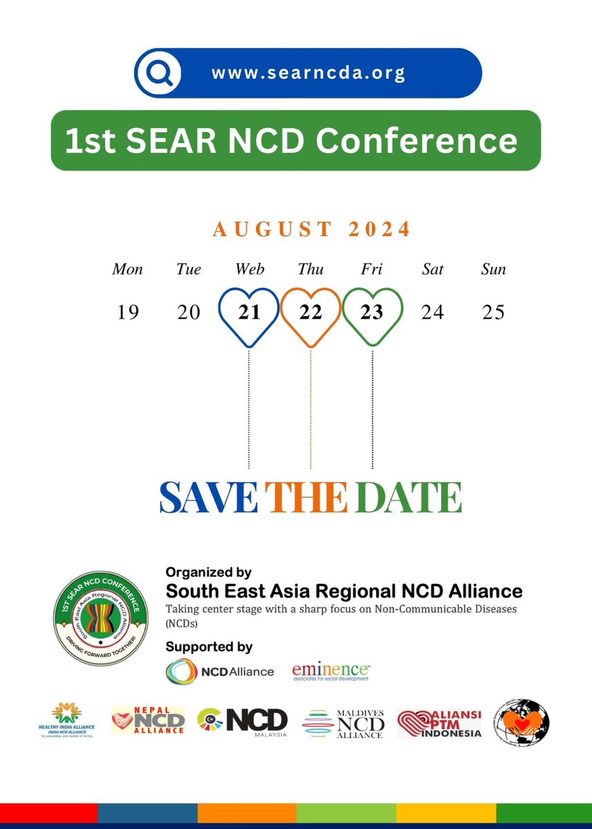 The South East Asia Regional NCD Alliance (SEAR NCDA) is going to organize 1st virtual SEAR NCDs Conference 2024. The Conference will be held on 21 - 23 August 2024. Register here: lnkd.in/d_8GB-pP