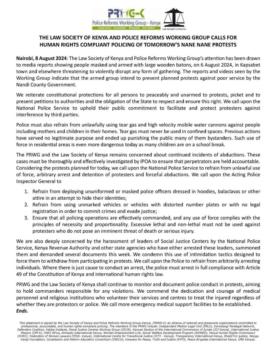 DefendersKE's tweet photo. The  @ReformsGroup and @LawSocietyofKe  have issued a statement regarding the Nane Nane Protests, calling for respect for human rights and the right to protest. #Standup4HumanRights https://t.co/sKWCwfEibj
