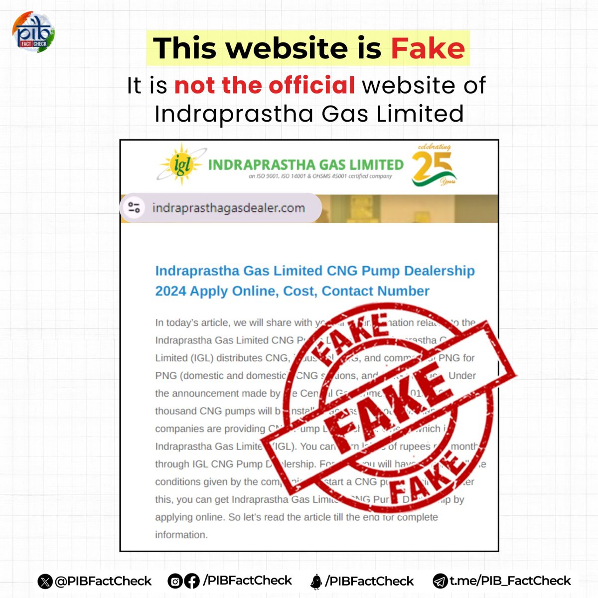 PIBFactCheck's tweet photo. A #Fake website https://t.co/PRGoqwfiA2 claims to be the official website of Indraprastha Gas Limited &amp; is offering CNG pump dealerships

#PIBFactCheck

❌This website is not associated with GOI  

The official website is https://t.co/1eP3u0gRq4 

Read: https://t.co/4zpTdIPJXh https://t.co/zuFqdkhtmV