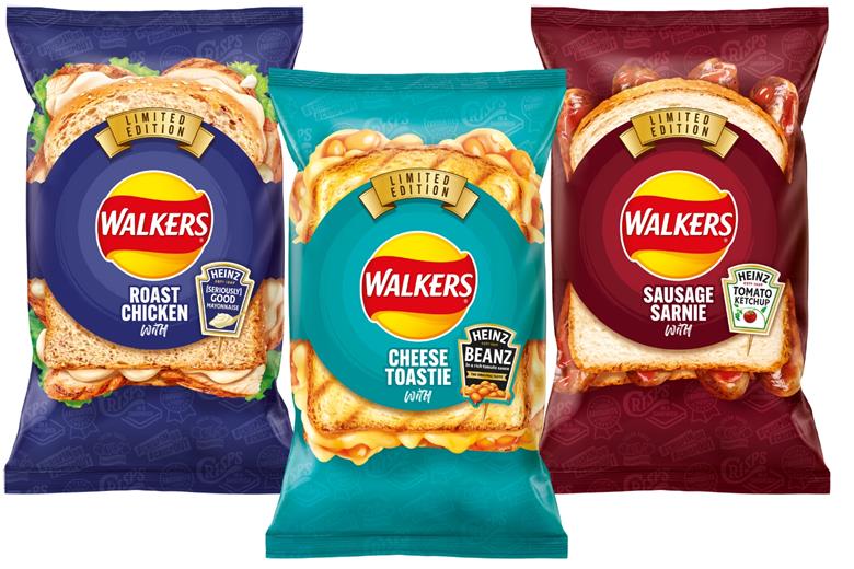 🥪+🥔 Walkers &amp; Heinz have teamed up to bring you 3 new sandwich-inspired crisps: Sausage Sarnie, Cheese Toastie, &amp; Roast Chicken. Available from 12 Aug in various sizes. #WalkersxHeinz #NewFlavors #CrispInnovation