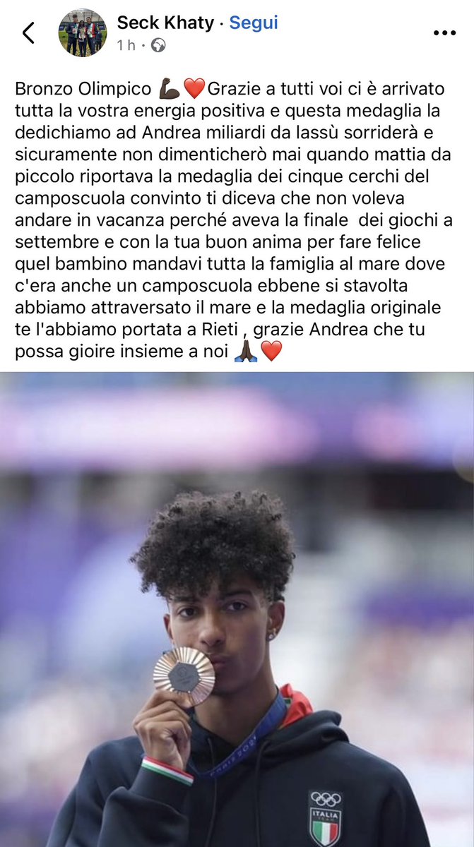 La madre di #MattiaFurlani dedica il bronzo olimpico ad Andrea Milardi❤️
Andrea ha scoperto, allenato, spronato e aiutato migliaia di giovani atleti a Rieti. Tra cui me. Non ho medaglie da mostrare, ma una passione e un’etica di cui oggi vedo fiero. Parole che commuovono ❤️