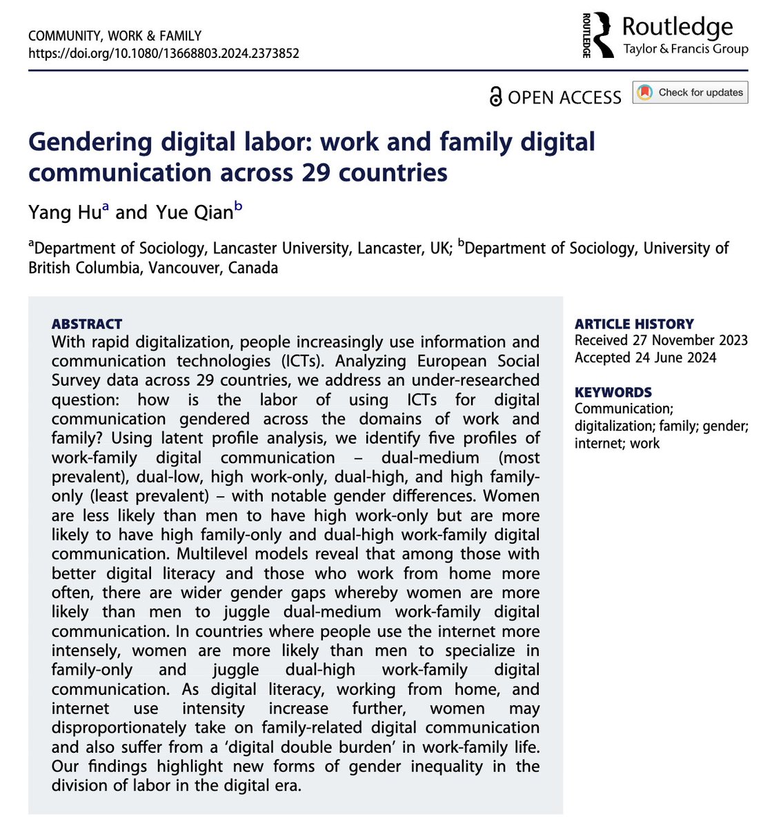 Yang Hu (the other place: @yanghu.co.uk) (@prof_yanghu) on Twitter photo Analyzing data from <a href="/ESS_Survey/">European Social Survey</a> across 29 countries, we identified 5 profiles of work-family digital communication & three concerning patterns:
1⣠Gendered digital double burden: women are more likely to juggle the 'dual burden' of digital labor both at home and at work (2/5) Analyzing data from <a href="/ESS_Survey/">European Social Survey</a> across 29 countries, we identified 5 profiles of work-family digital communication & three concerning patterns:
1⣠Gendered digital double burden: women are more likely to juggle the 'dual burden' of digital labor both at home and at work (2/5)
