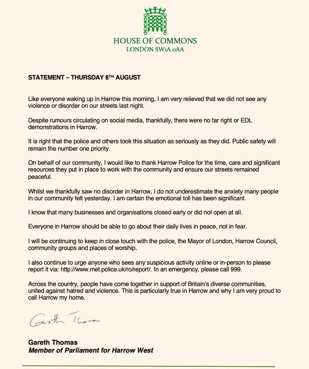 Like everyone waking up in Harrow this morning, I am very relieved that we did not see any violence or disorder on our streets last night. 

Despite rumours circulating on social media, thankfully, there were no far right or EDL demonstrations in Harrow.

 (1/6)