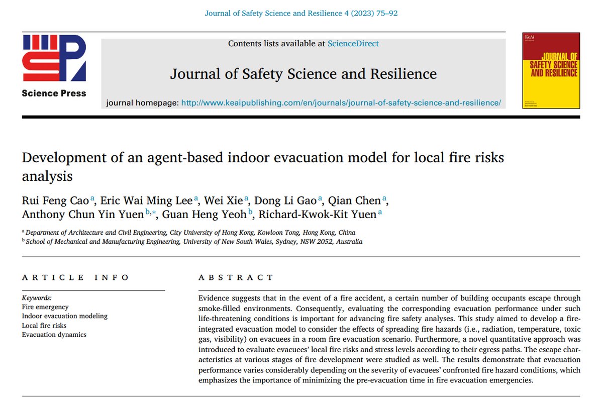 Journal_JSSR's tweet photo. 📰#NewArticle in 2023      

"Development of an agent-based indoor evacuation model for local fire risks analysis"  

#Fire #Risk #Emergency #Evacuation

Read more: https://t.co/NrnWDVkBwp https://t.co/xqkF1B54NC