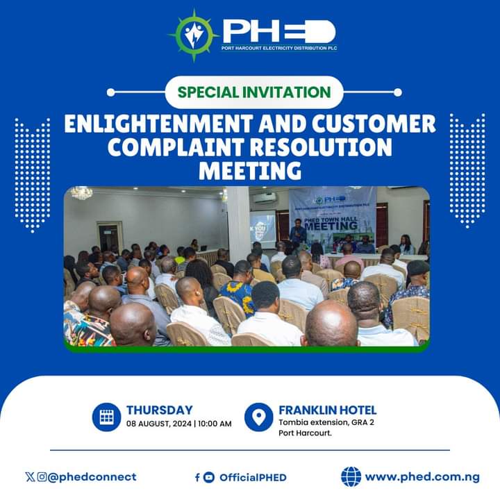 PHEDconnect's tweet photo. Attention all valued customers!
PHED invites you to an Enlightenment and Customer Complaint Resolution Meeting!
#PHEDcares #CustomerFirst #EnlightenmentMeeting #ComplaintResolution #UtilityService #CustomerSatisfaction" https://t.co/GwYfiiZI87