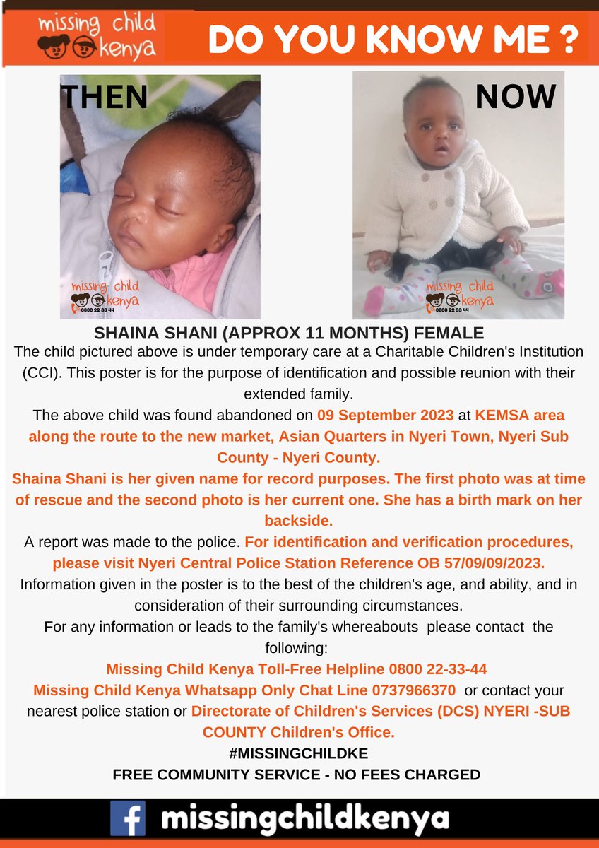 missingchild_ke's tweet photo. SEEKING FAMILY REUNION–CHILD IN CARE FACILITY -NYERI COUNTY. Shaina Shani (approx 11 months)  was found on 09/09/2023. Please share alert to help reunite her with alternative family.Thanks. #MISSINGCHILDKE https://t.co/FcuQzP0GM1