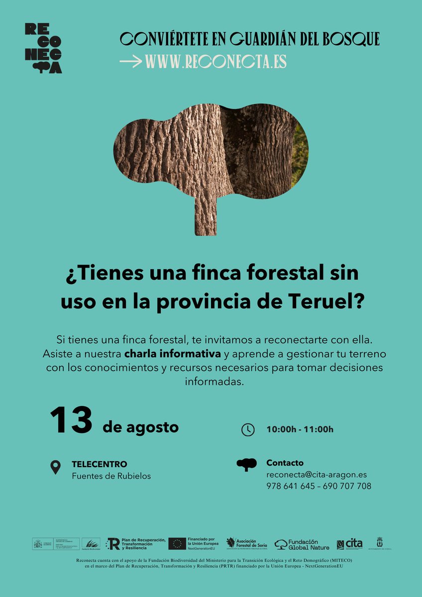 CITAAragon's tweet image. 🌳¿Tienes una finca forestal sin uso en la provincia de Teruel? El proyecto #RECONECTA es para ti

@CitaTeruel organiza una charla informativa🗣️
 
📆13 de agosto
🕐10:00h
📍Fuentes de Rubielos

🔗Más información en nuestra web:
cita-aragon.es/evento/charla-…