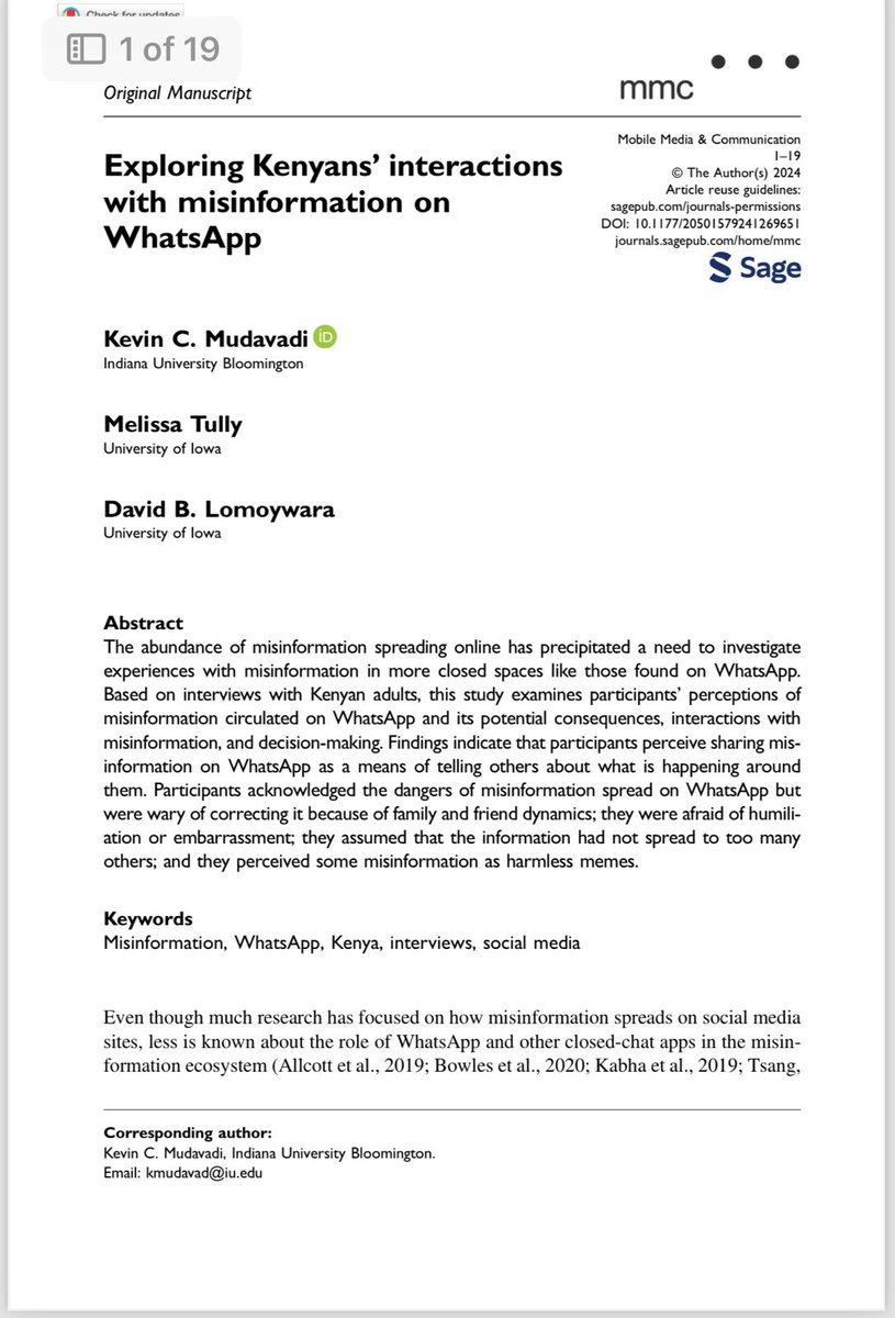 Sir Kevin Charles (@kevincharles144) on Twitter photo Digital media platforms play a significant role in Kenya’s media landscape, yet few studies have explored how audiences interact with misinformation on mobile applications that are end-to-end encrypted, such as WhatsApp. In our study, <a href="/tullyme/">Melissa Tully</a>, <a href="/davidlomoywara/">david lomoywara</a>, and I... Digital media platforms play a significant role in Kenya’s media landscape, yet few studies have explored how audiences interact with misinformation on mobile applications that are end-to-end encrypted, such as WhatsApp. In our study, <a href="/tullyme/">Melissa Tully</a>, <a href="/davidlomoywara/">david lomoywara</a>, and I...