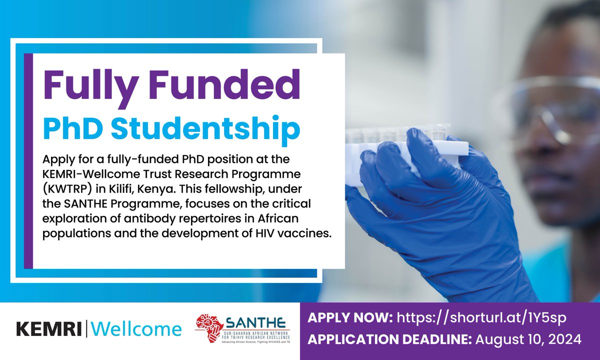 2 days to go!
Apply for a PhD studentship seeking to explore antibody repertoire diversity in African populations, which is crucial for designing regionally effective HIV vaccines based at <a href="/KEMRI_Wellcome/">KEMRI-Wellcome</a> under <a href="/SANTHEafrica/">SANTHE</a> 
Apply now: shorturl.at/1Y5sp
Deadline: August 10