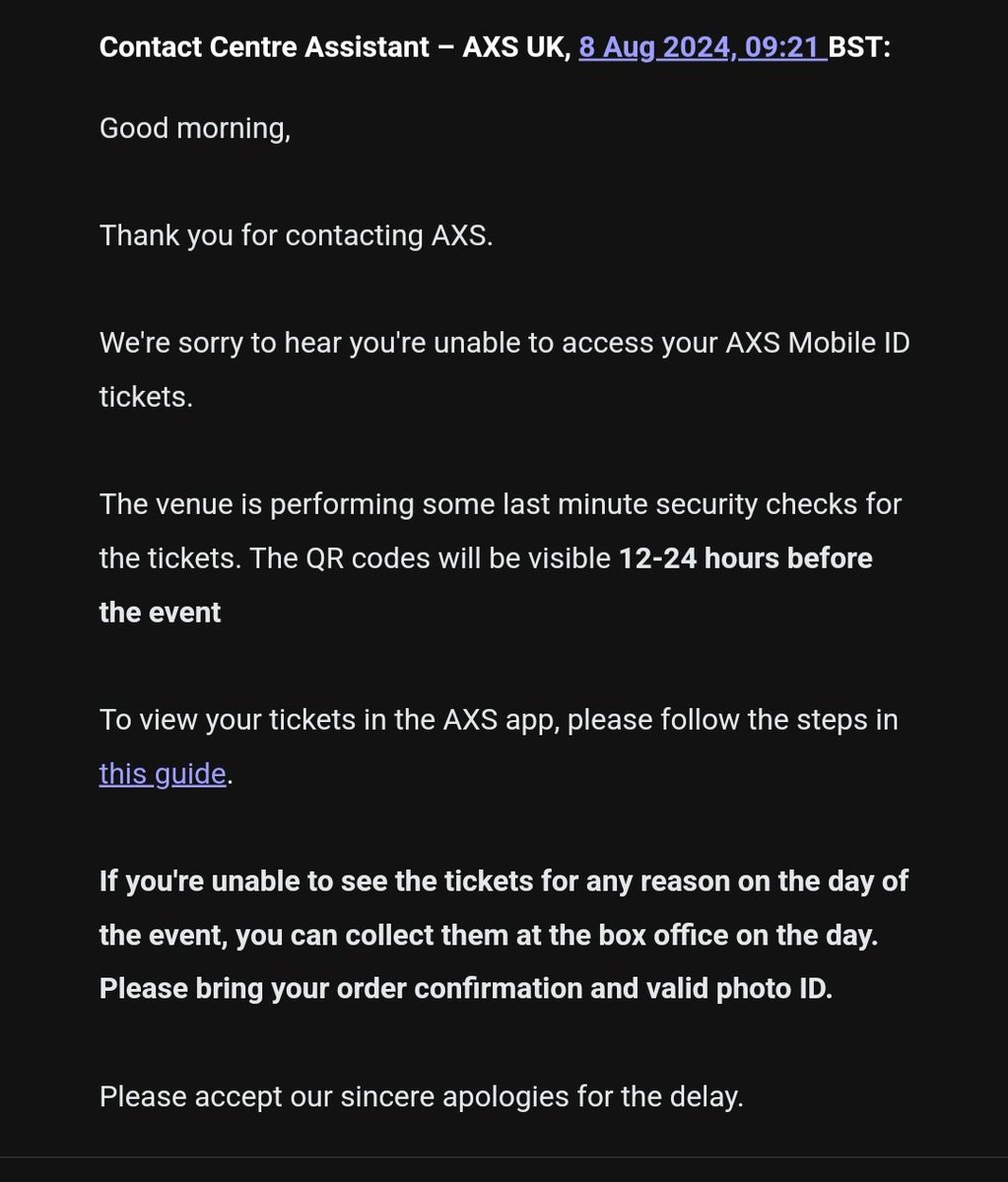 andycrump616's tweet photo. @KateH325 @AXS_UK I just received this response via email https://t.co/tOeUmsv6dJ