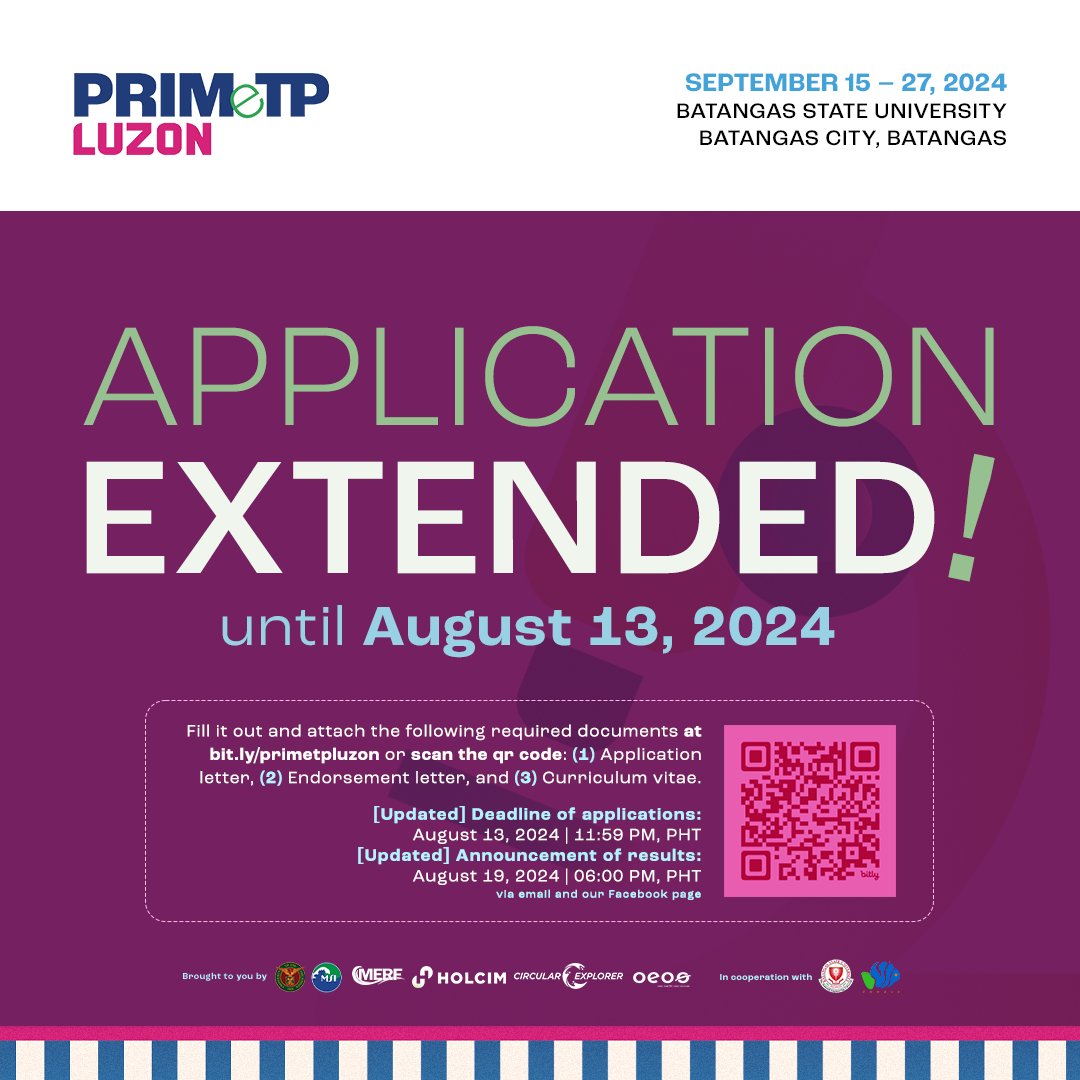 MicroOcePH's tweet photo. PRIMe-TP Luzon application period is extended!

Get your documents and applications in by August 13, 2024. Vist https://t.co/nelB4C0riS or scan the QR code in the poster below to apply.

Be a mover, be a PRIMer. Join PRIMe-TP Luzon. Apply now!

#PRIMeTP #PRIMeTPLuzon https://t.co/HJCs1zztXC