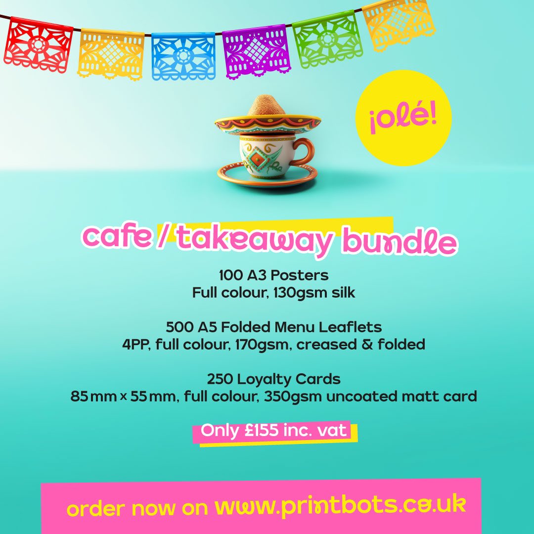 PrintBots's tweet photo. We are super excited to announce our 2nd summer bundle is now live to order!! Perfect for new &amp; existing customers who have a cafe, takeaway, catering &amp; street food businesses!
#summerdeals  #posters #foldedleaflets #loyalty #loyaltycard #cafe #takeaway #catering #streetfood https://t.co/2veUhOv7L6