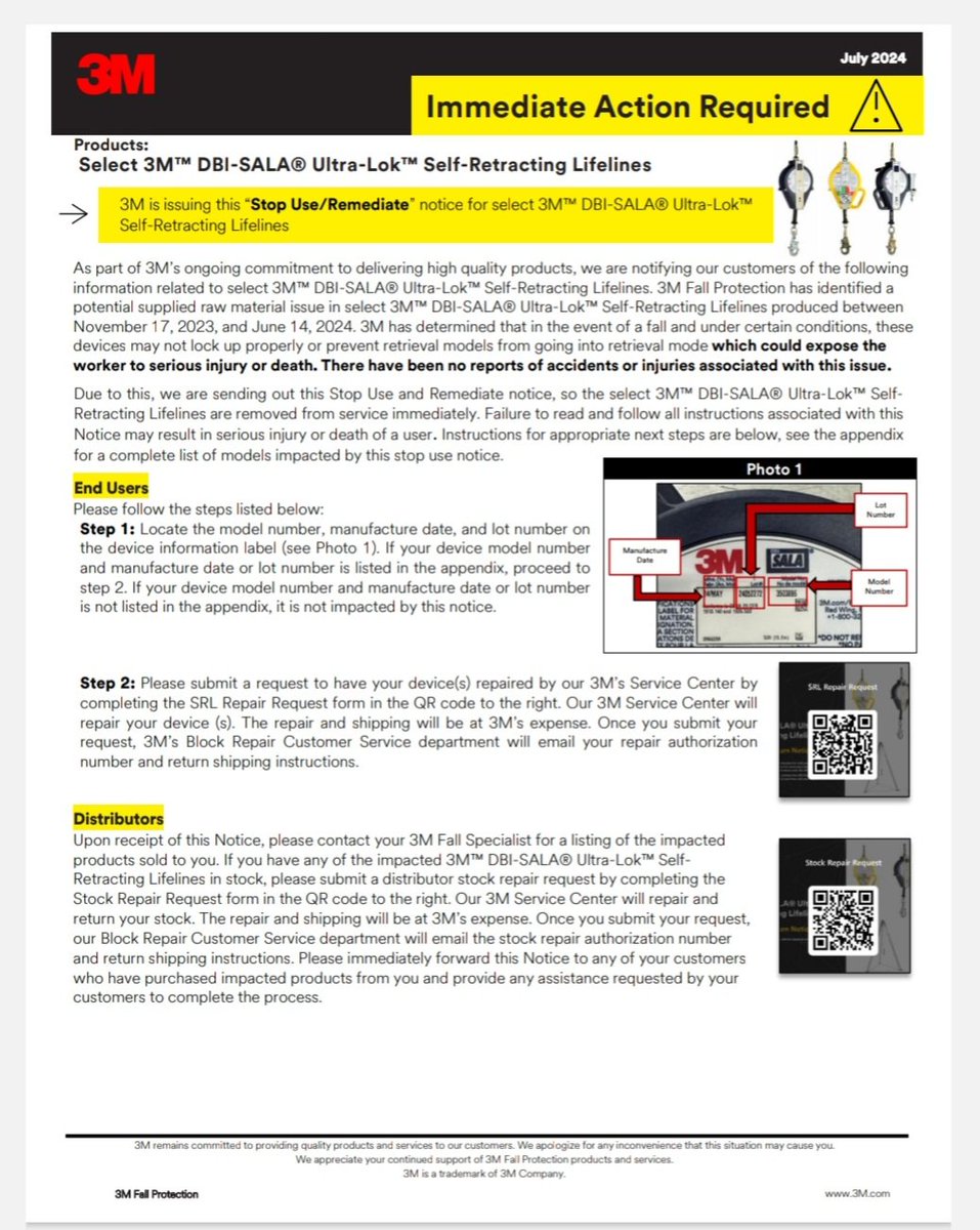 أصدرت شركة 3M إشعار "إيقاف الاستخدام/الإصلاح" لبعض خطوط الحياة ذاتية السحب DBI-SALA® Ultra-Lok
 من 3M
 حددت 3M Fall Protection مشكلة محتملة في المواد الخام الموردة في خطوط النجاة ذاتية الانكماش DBI-SALA® Ultra-Lok™ المحددة من 3M™ والتي تم إنتاجها في الفترة ما بين 17 نوفمبر 2023