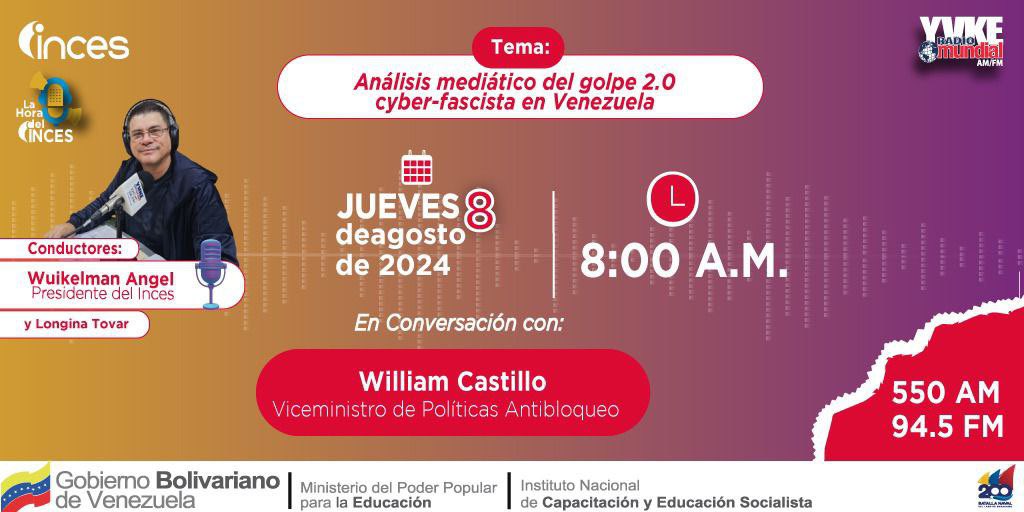 Este #8Ago tendremos un tremendo programa con el viceministro de Políticas Antibloqueo, William Castillo.
Sintoniza <a href="/YVKE_Mundial/">YVKE Mundial</a> 
8:00 am 

#PuebloSonrienteYEnPaz