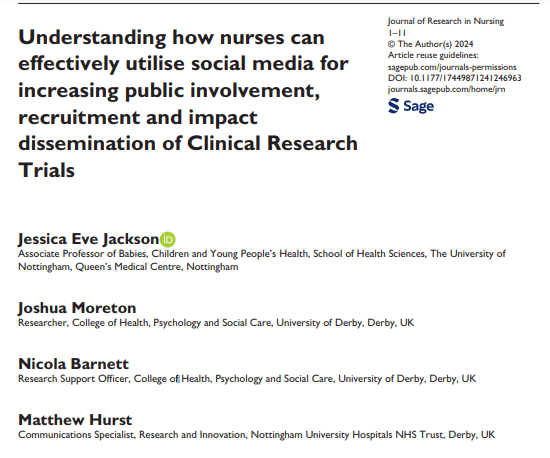 Centre for Children & Young People Health Research (@cyphr17) on Twitter photo New Publication Alert! @JJResearchNurse & <a href="/JoshuaPIMoreton/">Joshua Moreton</a> collaborated with <a href="/nottmhospitals/">Nottingham University Hospitals</a> to understand how nurses can utilise social media to increase public involvement, recruitment and impact dissemination of Clinical Research Trials. Link: journals.sagepub.com/doi/10.1177/17… New Publication Alert! @JJResearchNurse & <a href="/JoshuaPIMoreton/">Joshua Moreton</a> collaborated with <a href="/nottmhospitals/">Nottingham University Hospitals</a> to understand how nurses can utilise social media to increase public involvement, recruitment and impact dissemination of Clinical Research Trials. Link: journals.sagepub.com/doi/10.1177/17…