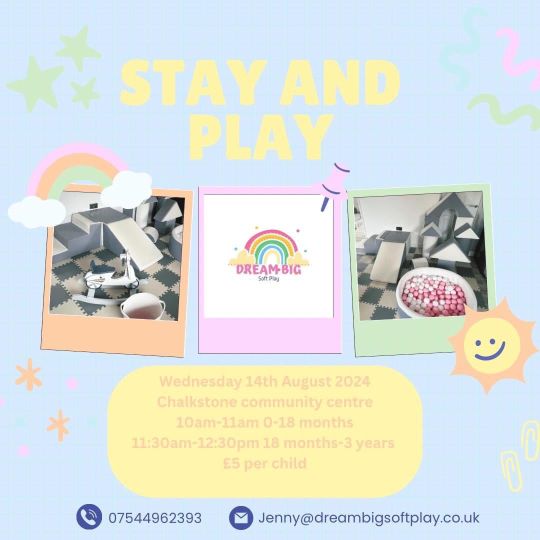‼️Exciting News! ‼️ 

I’m thrilled to announce that our very first Stay and Play is happening next week! 🤗
We still have a few spaces left, so if you haven’t signed up yet, now’s your chance. See everyone there! 🌈

dreambigsoftplay.simplybook.it/v2/