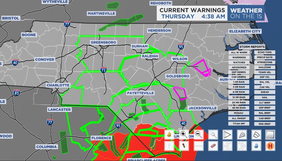 eastwx's tweet photo. Flash Flood Warnings are in effect for the areas outlined in green while a few Tornado Warnings continue in eastern NC. #ncwx https://t.co/xrWlUQYxwi
