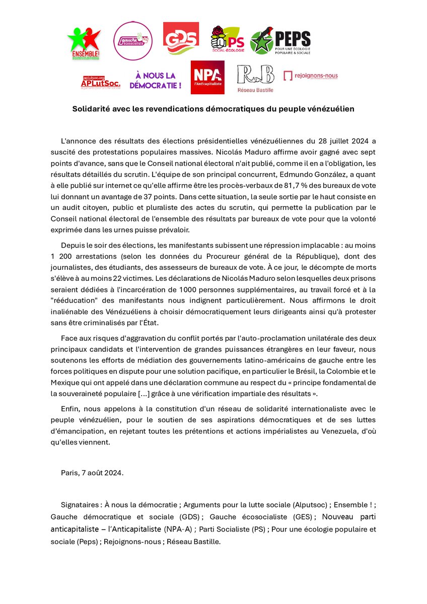 Communiqué unitaire "Solidarité avec les revendications démocratiques du peuple vénézuélien".