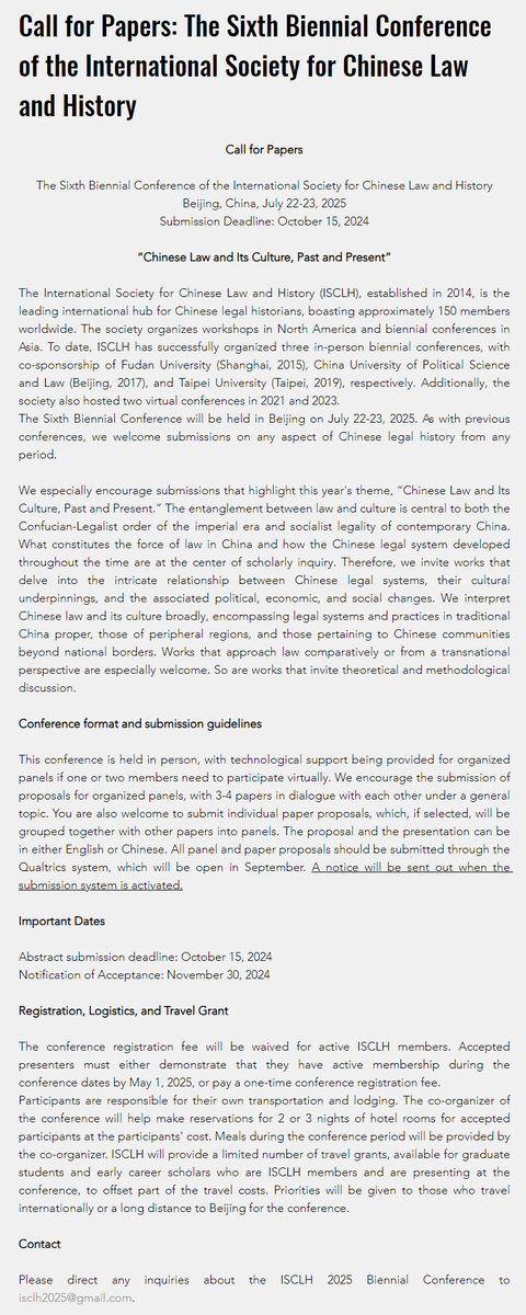 isclh2014's tweet photo. Call for Papers: The Sixth Biennial Conference of the International Society for Chinese Law and History (Beijing, July 22-23, 2025).

https://t.co/U7uYX5l5rh. https://t.co/T0d2A8YnrV