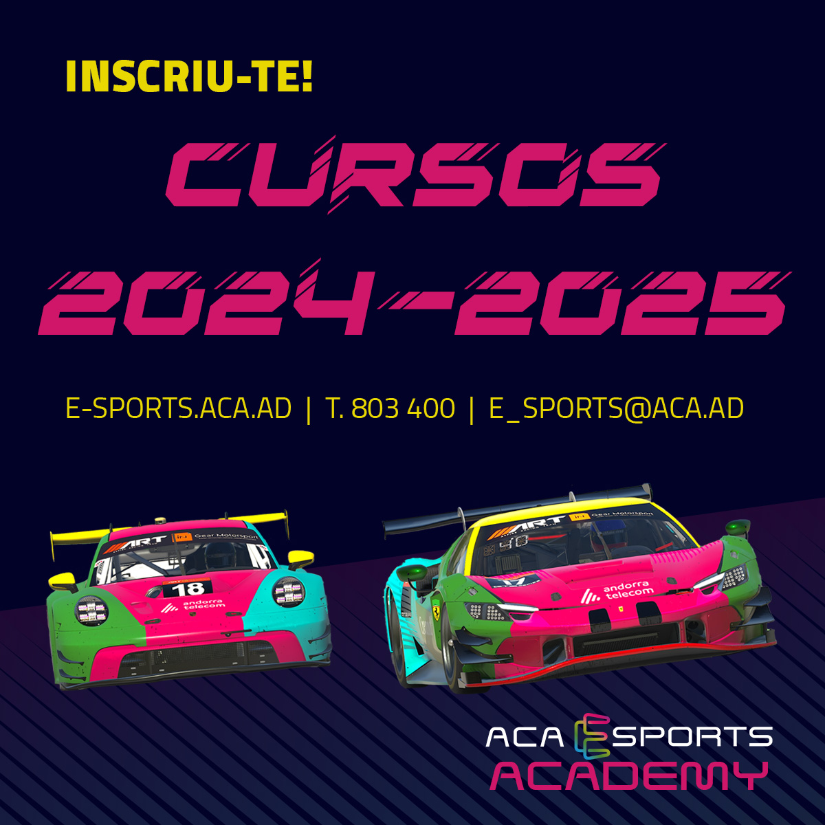 aca_eSports_and's tweet photo. 🆕💥 Obertes inscripcions cursos 2024-2025
🔝 Si vols aprendre, gaudir més del simracing, perfeccionar-te o competir més i millor: apunta't a l'ACA eSports Academy.
ℹ️ Segueix l'enllaç o envia'ns un correu a e_sports@aca.ad
🙂 Inscriu-te! T'hi esperem

🔗 https://t.co/UAKB8d54Ri https://t.co/pa9ChtEjxK