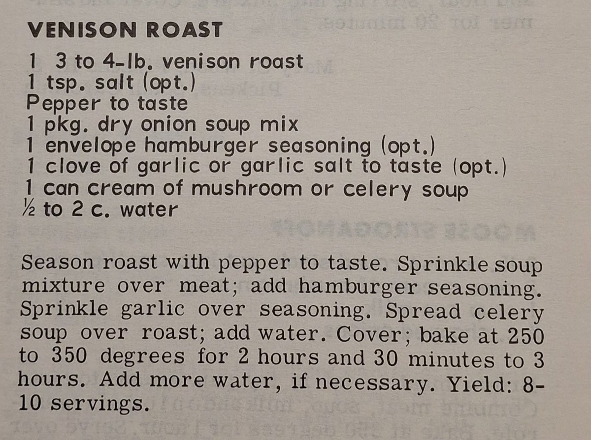 Re2OldFOOD's tweet photo. Venison Roast -- 1960s

Pork or beef roast of the same  weight can be substituted for the venison.  

Venison is deer meat.

Hamburger seasoning = 1/2 teaspoon each garlic powder, onion powder, salt and paprika *Found on google search

#VenisonRoast #roast #garlic #1960srecipe https://t.co/c6B6YEzEiE