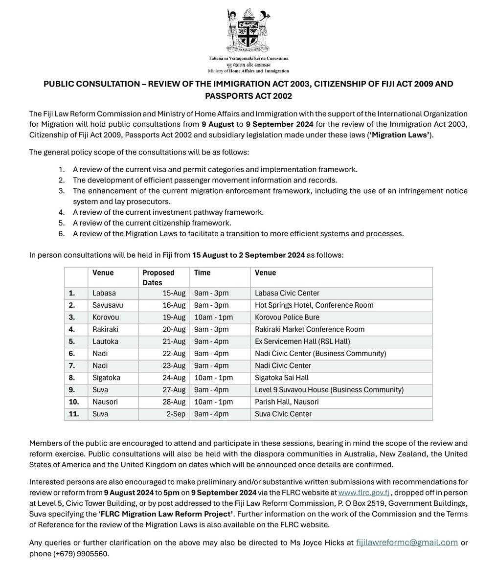 homeaffairsfj's tweet image. We&apos;re conducting a review of Immigration Laws.  Join us at one of these locations and let us know what you think! 👇