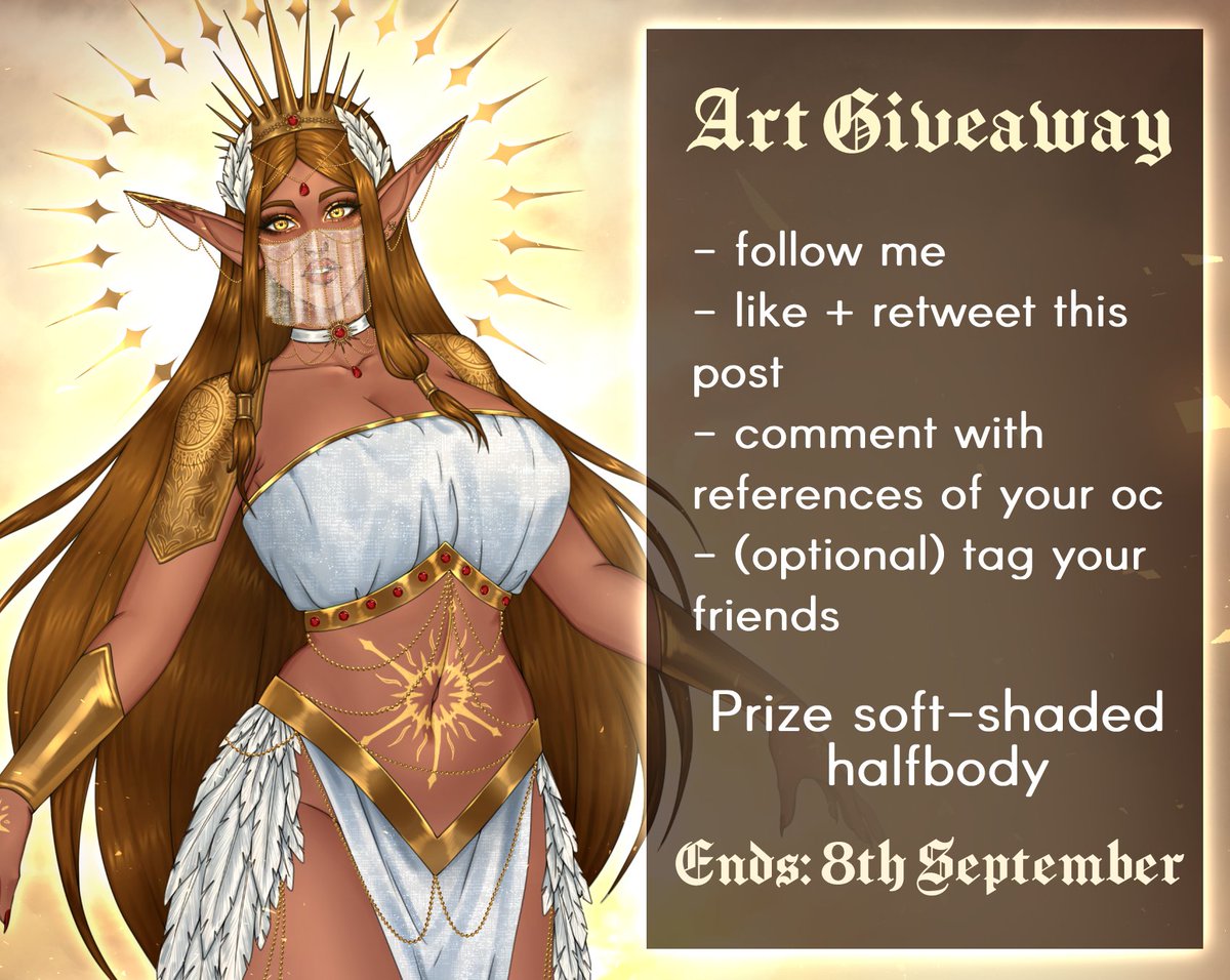 ✨ART GIVEAWAY✨

RULES: 
- follow me
- like + retweet this post
- comment with references of your oc
- (optional but appreciated) tag your friends

PRIZE: soft-shaded halfbody
ENDS: 8th September