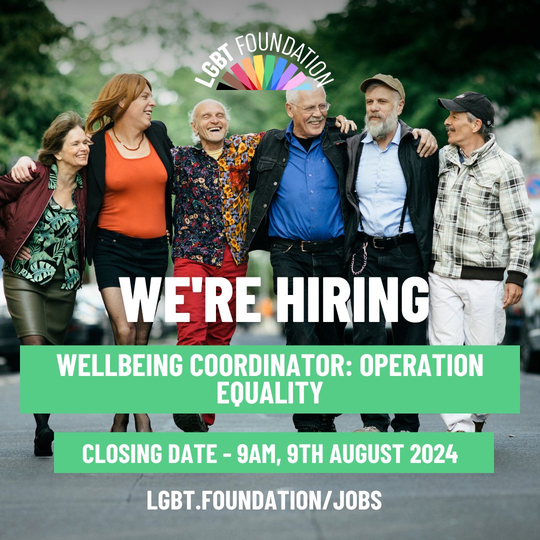 Last chance to apply!

Join us as our new Wellbeing Coordinator for Operation Equality! Make a real impact by supporting LGBTQ+ armed forces personnel, veterans, and their families.

🗓️ Apply by 9am, 9 Aug 2024
🗓️ Interviews on 19 Aug 2024

Apply now at lgbt.foundation/jobs