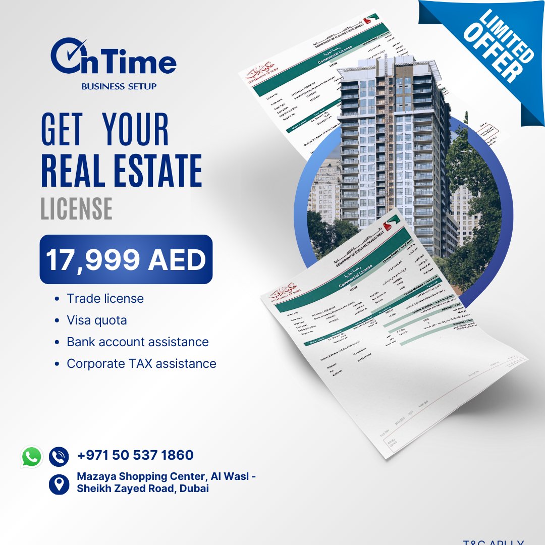 OnTimeBiz's tweet photo. Step into Dubai's booming real estate market with confidence.

Obtain your real estate license with our expert guidance. 

📞 WhatsApp: +971 50 537 1860
 🌐 https://t.co/s2M4sXog3o 
📍 Mazaya Shopping Center, Al Wasl - Sheikh Zayed Road, Dubai https://t.co/ihpgIVwkTF