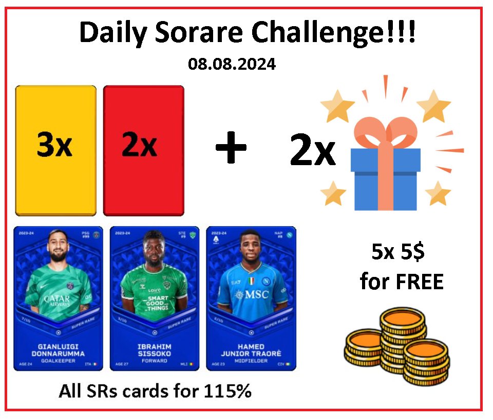 PawelTrader_'s tweet image. Daily @Sorare Challenge Starts Now 08.08.2024 ⚽️

1⃣ 2 Rare &amp;amp; 3 Limited random cards and 2 Surprise Prizes for 7 people who make at least one transaction with me within 24 hours. 💯
2⃣ Swap all my Super Rare Cards for 115% of Your cards value 🔝
3⃣🆓5$ for 5 random people - just…