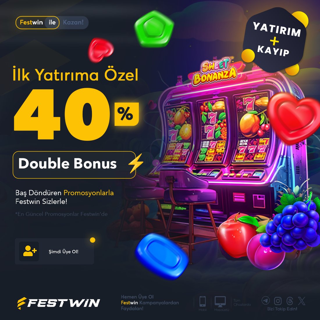 ⚡️ İlk Yatırıma Özel %40 Double Bonus!
        
🪙 Festwin’e ilk adımınızı atın, kazancınız ikiye katlansın! İlk yatırımla birlikte %20 bonus kapın ve kaybetme korkusunu unutun. Üstelik %20 kayıp bonusuyla kayıplarınızı telafi edin! Kazanmanın keyfini çıkarın