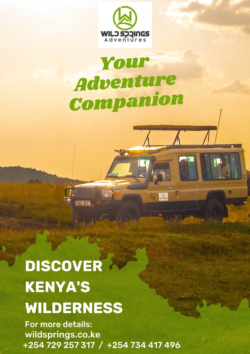 𝐄𝐱𝐩𝐥𝐨𝐫𝐞 𝐊𝐞𝐧𝐲𝐚 𝐰𝐢𝐭𝐡 𝐔𝐬
Wild Springs Adventures is your ultimate safari sidekick! Join us on an epic journey through Kenya's untamed wilderness 
Contact us today
☎️ 0729 257317
☎️+254 734 417 496
#WildSpringsAdventures #KenyaSafari #AdventureAwaits #ExploreKenya
