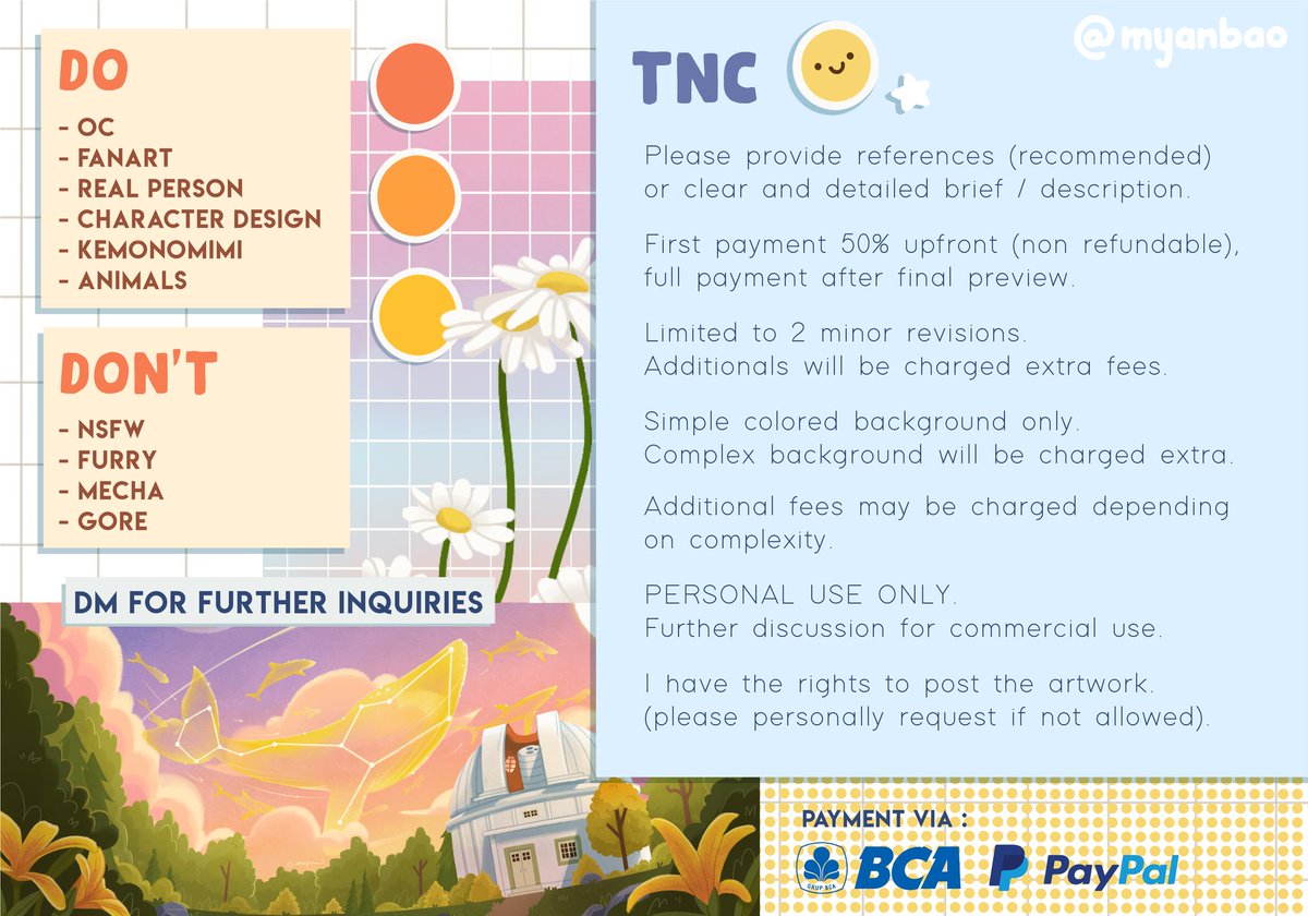 myanbao's tweet photo. OPEN COMMISSION 🌻
[RTs and likes are much appreciated]

Hi, hi! My commissions are open for local 🇮🇩 and international 🌏

Check out the details below,
Feel free to DM me for further inquiries! 🫶

#opencommissions #artcommissions #artidn #zonakaryaid #artistindonesia https://t.co/M2IDnAXqFa