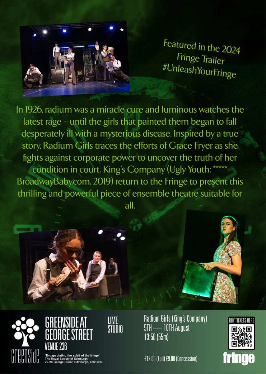 Just THREE more chances to see Radium Girls <a href="/GreensideVenue/">Greenside Venues</a> on George Street (1.50pm). This is a powerful piece of theatre told by a talented ensemble of young actors (awarded ⭐️⭐️⭐️⭐️⭐️by <a href="/broadwaybaby/">Broadway Baby</a> last time at the Fringe in 2019). Get your tickets at tickets.edfringe.com/whats-on/radiu…