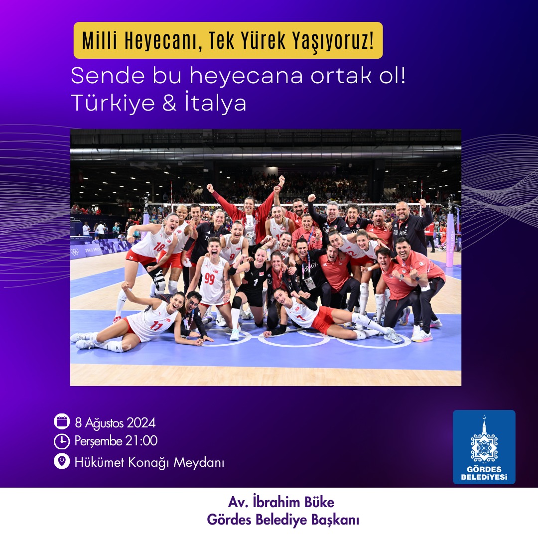 GordesBelediye's tweet photo. SEN DE BU HEYECANA ORTAK OL!

#FileninSultanları, Paris 2024 Olimpiyat Oyunları’nda İtalya ile karşılaşıyor tüm Gördes ekran başında tek yürek oluyor!  

🏆 Paris 2024 Olimpiyat Oyunları | Yarı Final 

#Türkiye 🇹🇷 🆚 🇮🇹 #İtalya

🗓 08/08/2024
⏱  21:00
📍  Hükümet Konağı https://t.co/ONMU4dNiHJ