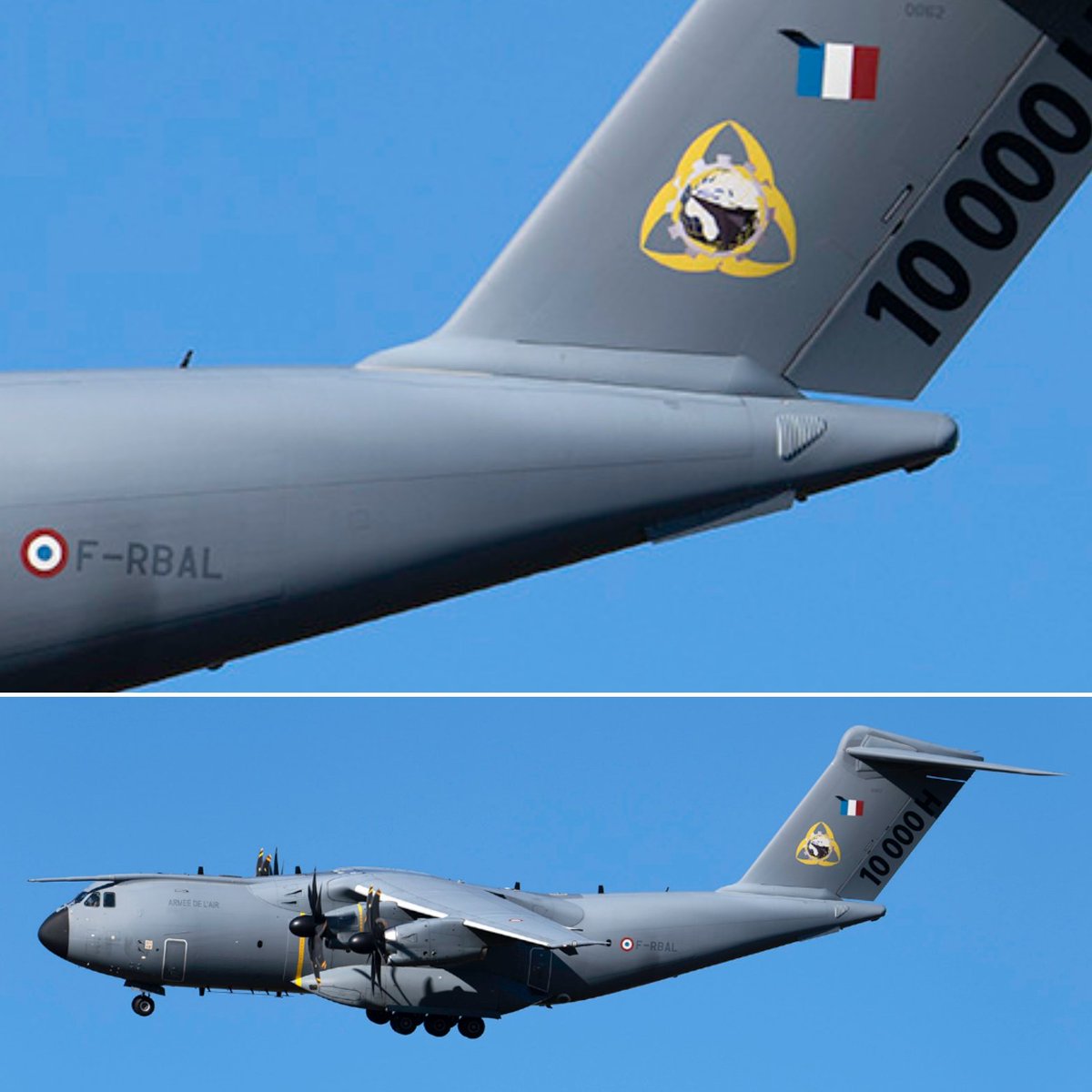 LebanonJets's tweet photo. Video Military: #France AirForce (Armée de l'Air) #A400M #062 built 2017 #3B7767 as #CTM2046 arrived into #Beirut from Prince Hasan AirBase in #Jordan #OJHF long-way-around & invisible on public tracking
Note the "10 000" & is that a nuclear logo on the tailfin? 🤔 https://t.co/8Lg3bIAgoR