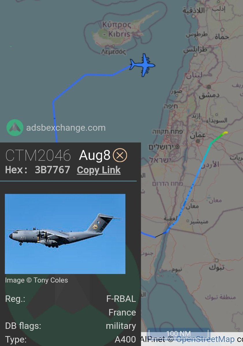 LebanonJets's tweet photo. Video Military: #France AirForce (Armée de l'Air) #A400M #062 built 2017 #3B7767 as #CTM2046 arrived into #Beirut from Prince Hasan AirBase in #Jordan #OJHF long-way-around & invisible on public tracking
Note the "10 000" & is that a nuclear logo on the tailfin? 🤔 https://t.co/8Lg3bIAgoR