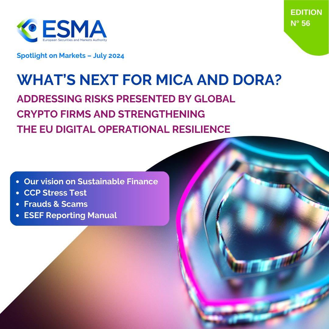 📤 #ESMA newsletter is out → europa.eu/!jWtcpB

⭐️ Developments on #MiCA and #DORA
🌿 Our vision on #SustainableFinanceEU Framework
🩺 Central Counterparties stress test results
🛡️ How can you protect yourself from scams
📘 ESEF Reporting
🗣️ CSDR and MiFIR consultations