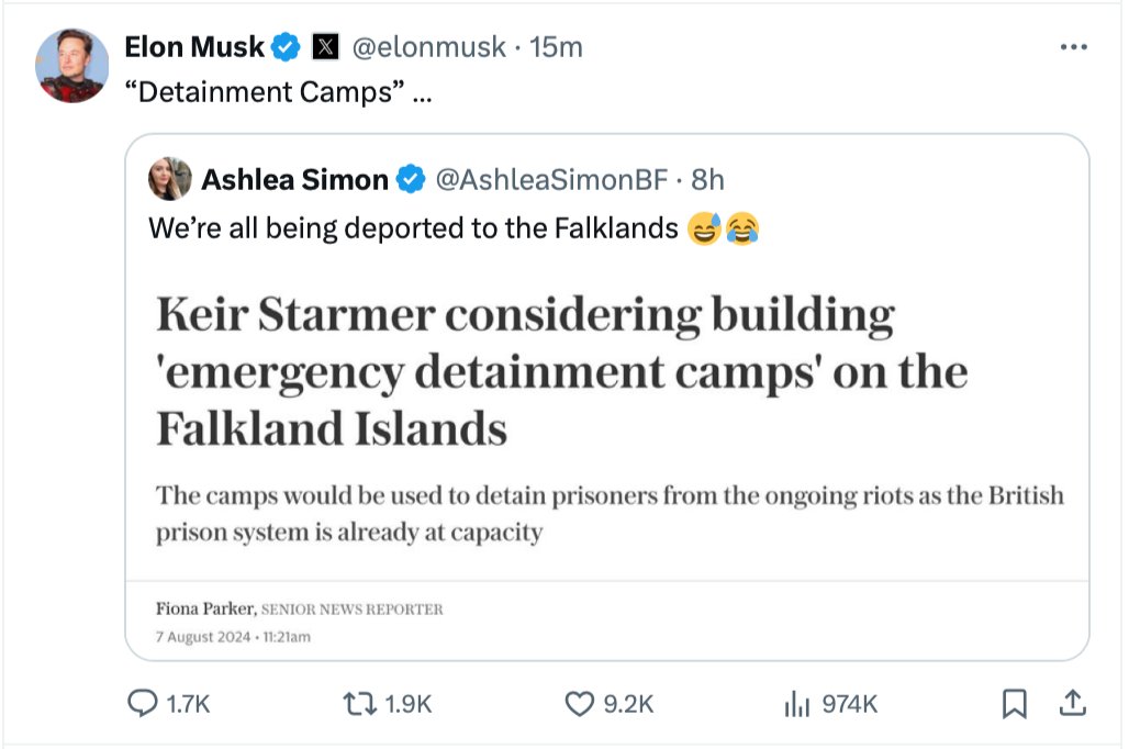 Josh_Self_'s tweet image. Just Elon Musk quote tweeting the co-leader of far-right party, Britain First, who is sharing a fake Telegraph headline 

Seen by almost 1 million people in 15 minutes

Utterly dystopian