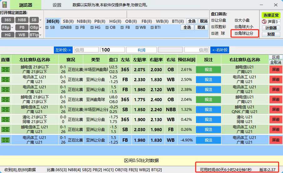 Water885522's tweet photo. 共赢计算器2.37版本更新

  本次更新内容
  · 增加了BTI的扣水
  · 增加了新的盘口类型 【角球让球】
  · 调整所有盘口的角球数据过滤和显示
  · 优化了OB PB HG SB 对角球盘的导航
  · 优化了OB手机版导航
#打水软件 #打水脚本 #半自动打水 #免费区间教学 #足球对冲打水 #免费教学 #最好用的打水软件 https://t.co/DfYBZOjrrq